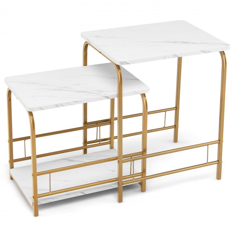 Faux marble nesting tables in white with gold steel frame, perfect for small spaces and versatile use as side tables.